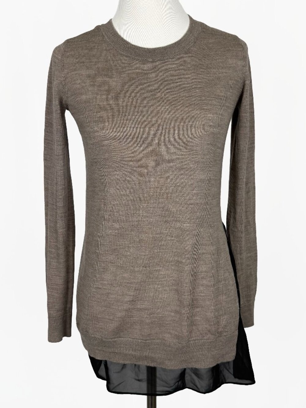 All Saints 100% Merino Wool Taupe Sweater Womens XS Black Chiffon Hem Pullover